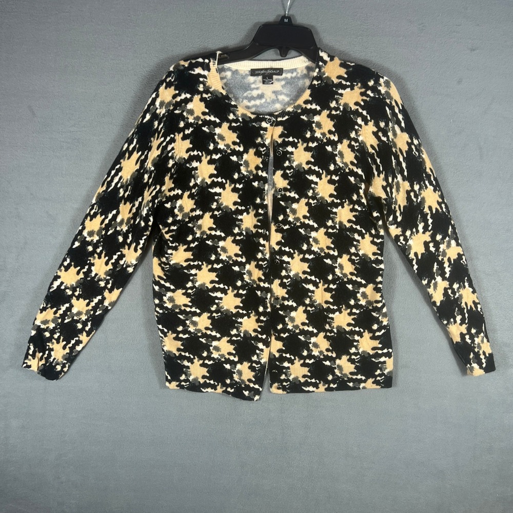Designers Originals Womens Cardigan L Black Tan Abstract Vintage Long Sleeve
